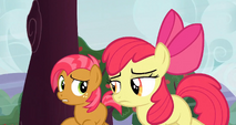 Babs and Apple Bloom running around a tree S3E8