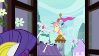 Rainbow and Fluttershy glide to the window S9E4