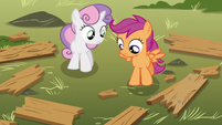 Scootaloo and Sweetie looking at splintered wood S5E4