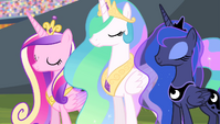 Luna, Celestia and Cadance, all smiling.