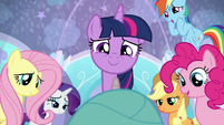 The mane six 'awwing' at the baby.