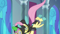 Fluttershy crashing into Spike in midair S9E4