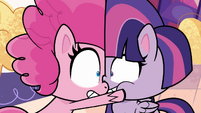 Pinkie presses her face to Twilight's face PLS1E1a