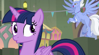 Twilight hears Sky Beak behind her S8E6