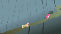 Applejack, Fluttershy, and Pinkie climbing the mountain S1E07