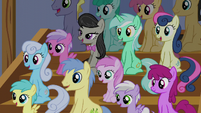 Audience of ponies laughing at Apple Bloom S6E4