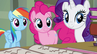 RD, Pinkie, and Rarity smiling at Twilight S4E25