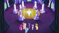 Mane 6 and Spike enter the throne room S4E26