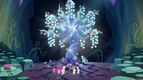 Mane Six and Spike in front of Tree of Harmony S9E1
