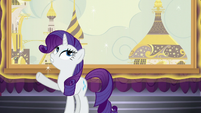 Rarity notices Canterlot backdrop being levitated down S5E14