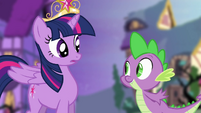 Spike eagerly asking Twilight what she saw S4E02