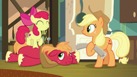 Apple Bloom delightedly dancing on Big Mac S9E10
