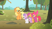 Applejack begins to show Apple Bloom and the Crusaders, their new clubhouse.
