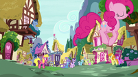 Pinkie Changeling hopping through town S6E25