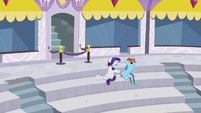 Rainbow watching aerial display; Rarity rubbing some lotion S5E15