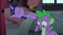 Spike leaning on Twilight's bed S5E10