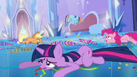 The ponies exhausted after doing their cheer