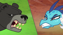 Bear-Thorax and Princess Ember in split-screen S7E15