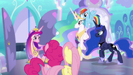 Celestia, Luna, and Cadance leaving the nursery S6E1