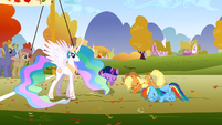 Twilight and her friends bow to Celestia.