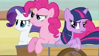 Pinkie Pie, Rarity, and Twilight mad at Applejack S2E14