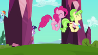 Pinkie and Ms. Peachbottom happily bouncing.