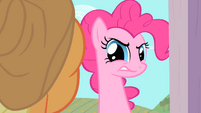 Pinkie Pie trying to look behind Applejack.