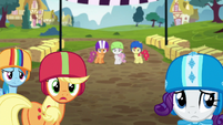 Rainbow, AJ, and Rarity look at other racers S6E14