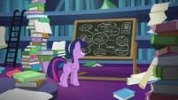 Twilight Sparkle looking at her chalkboard S7E25