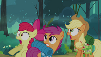 Applejack, Apple Bloom, and Scootaloo in shock S03E06