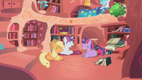 Applejack, Rarity, and Twilight laughing S01E08