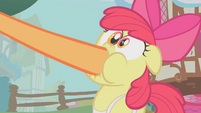 Applejack puts her hoof in Apple Bloom's mouth S1E12