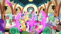 Mane Six and Spike teleport on the train S9E26