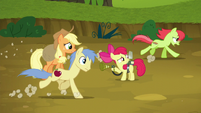 Peachy Sweet and Red Delicious gallop past AJ and Apple Bloom S5E4