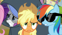 Rarity, Applejack, and Rainbow looking miserable S7E14