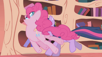 Pinkie getting pushed away by Twilight.