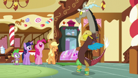 Spike and Twilight sees Pinkie and AJ laughing at Discord's little performance S5E22