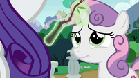 Sweetie Belle removes stick from Rarity's mane S7E6