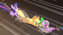 Twilight, Applejack, and Spike sliding S01E19