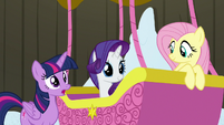 Twilight, Rarity, and Fluttershy ready to leave S7E11