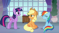 AJ and Rainbow grinning at Twilight S8E9