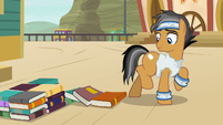 Quibble knocks over stack of books S9E6