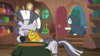 Rarity bursts into Zecora's hut S7E19