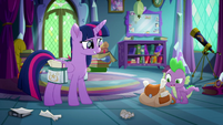 Spike looking at Twilight's overstuffed bag MLPRR