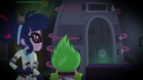 Twilight and Spike look at robot capsule SS5