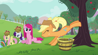 Applejack helps Pinkie Pie buck apples S03E13