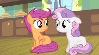 Sweetie and Scootaloo looking at each other S4E17