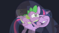 A terrified Spike, a face-hoofing Twilight.