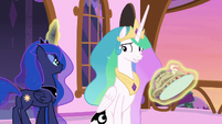 Princess Celestia nervously accepts Luna's pancakes S7E10