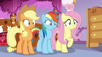 AJ, Rainbow, and Fluttershy in Rarity's bedroom S7E19